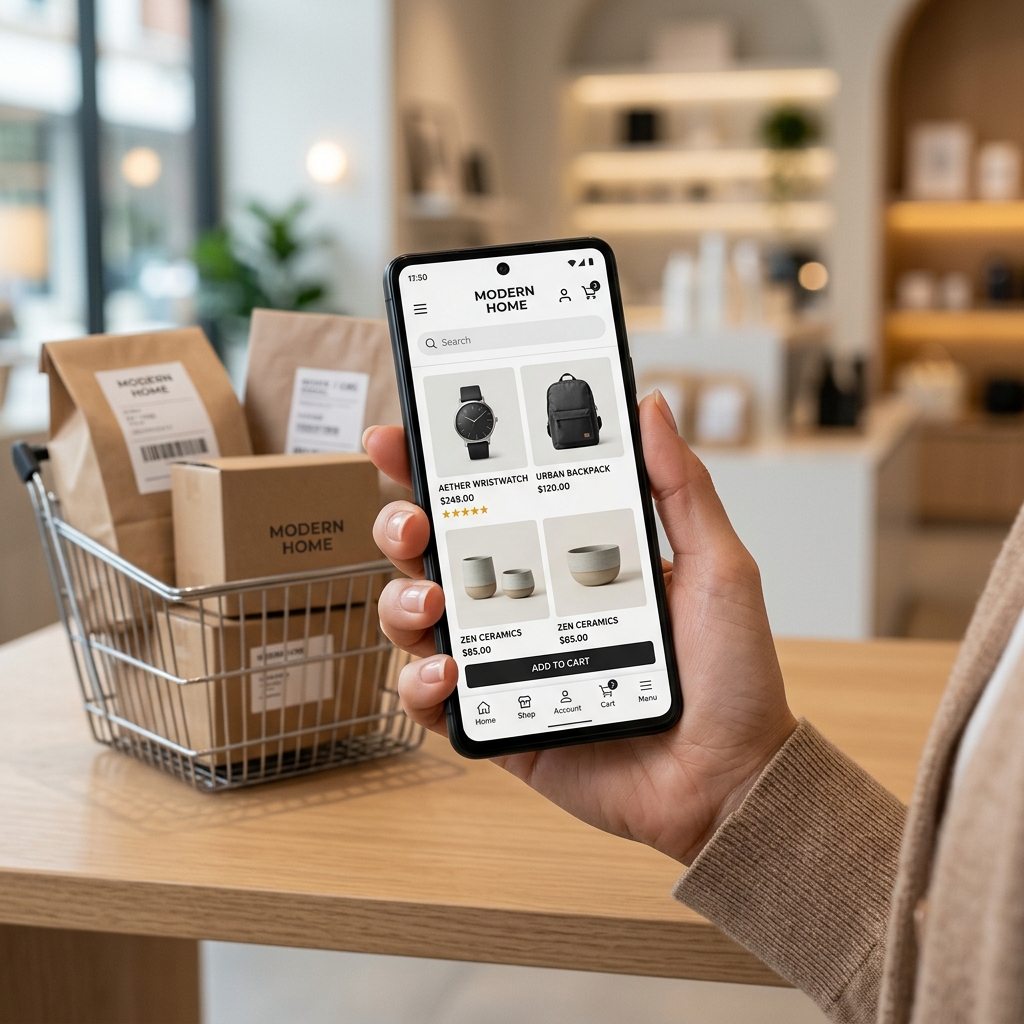Phone showing e-commerce app